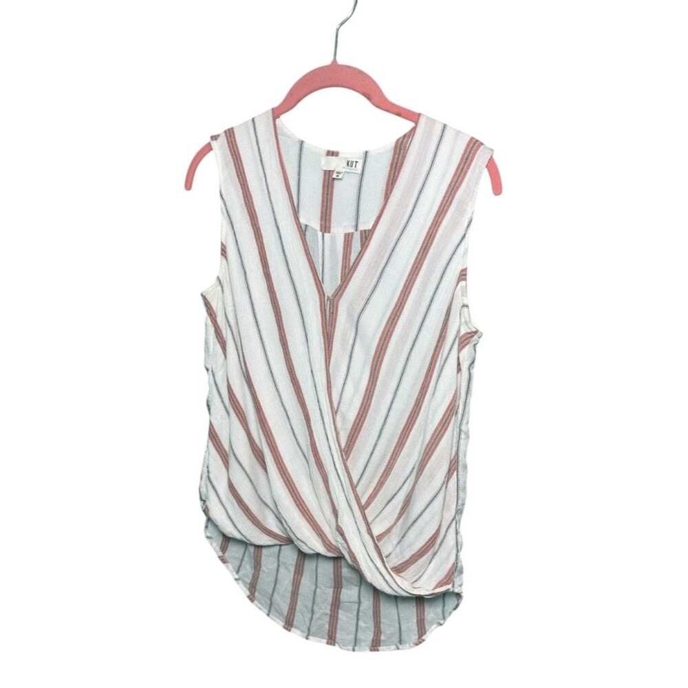 Kut from the Kloth Striped Wrap Twist Top M — White Mauve Faux Wrap